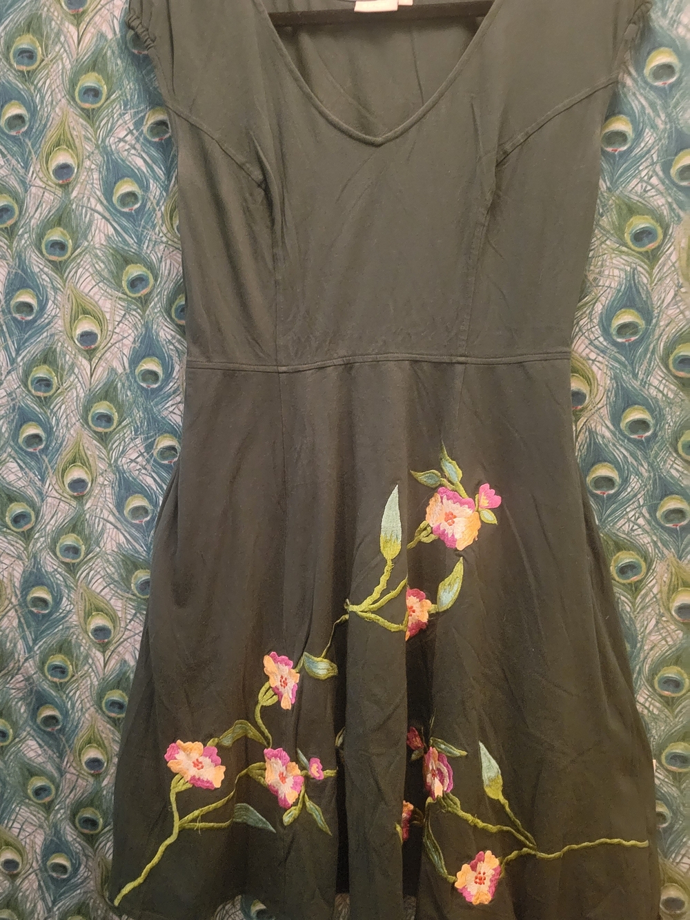 eshakti Black Midi Dress with Pink Floral Embroidery